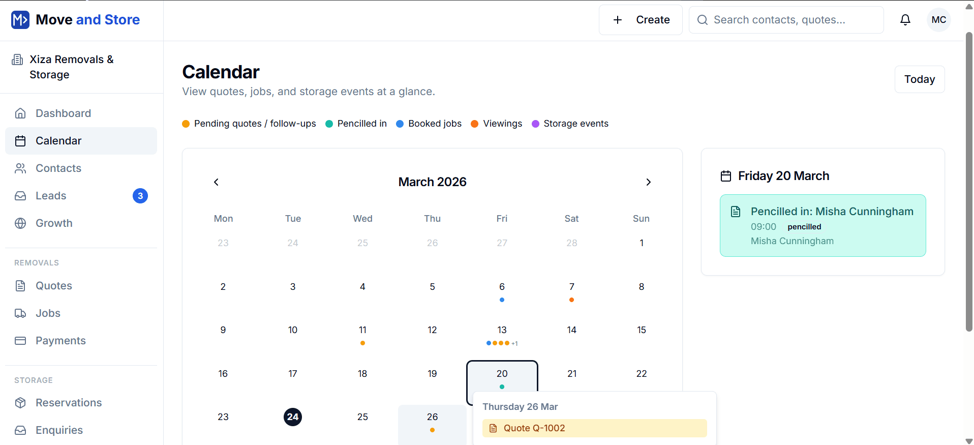 Move and Store calendar showing removals quotes, booked jobs, viewings and storage events in one weekly view.
