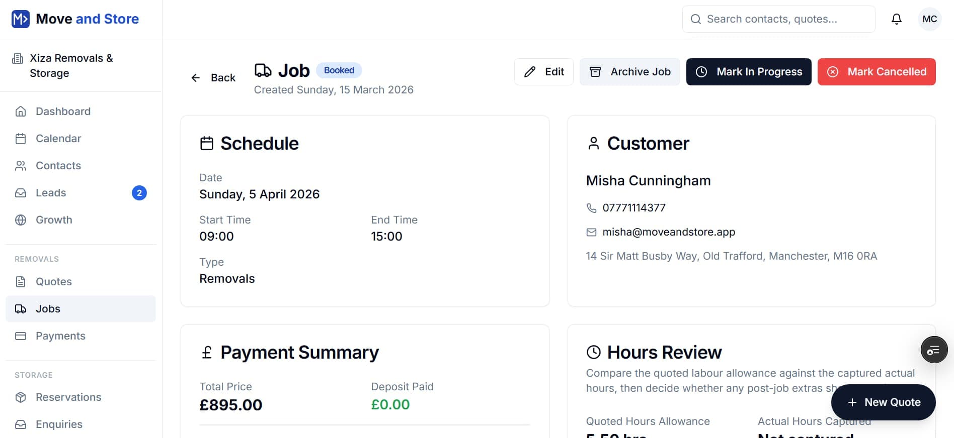 Job view showing move date, crew assignment, and operational details.