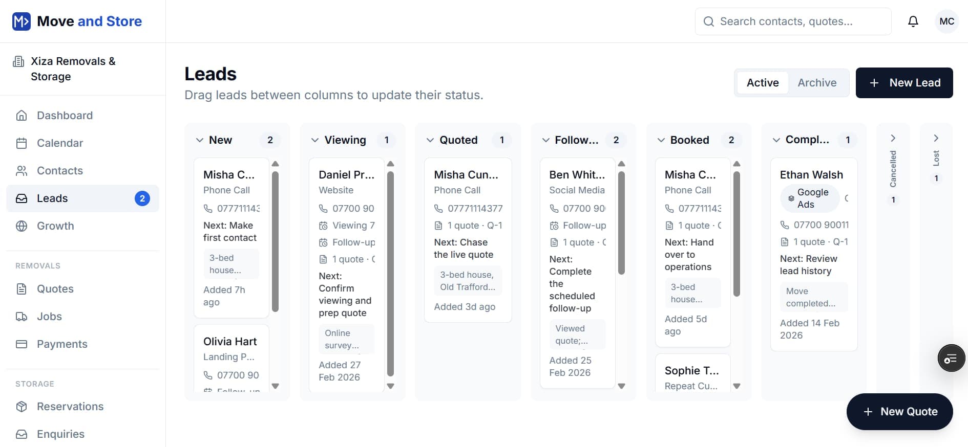 Lead pipeline showing removals enquiry stages and action items.