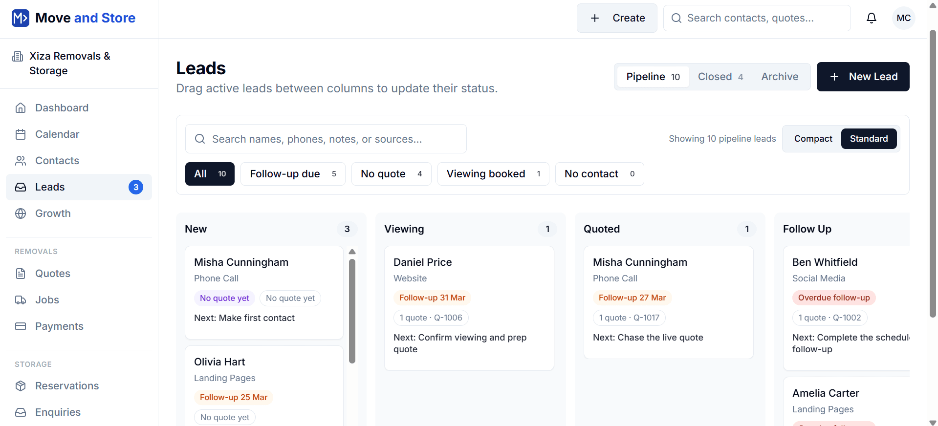 Move and Store lead management CRM board showing removals enquiries across pipeline stages