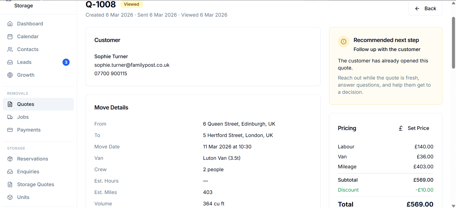 Move and Store quote detail page showing the customer, pricing and recommended next step.
