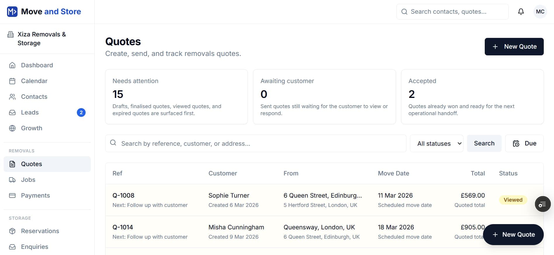 Quote list showing viewed, accepted, and action-needed removals quotes in one dashboard.