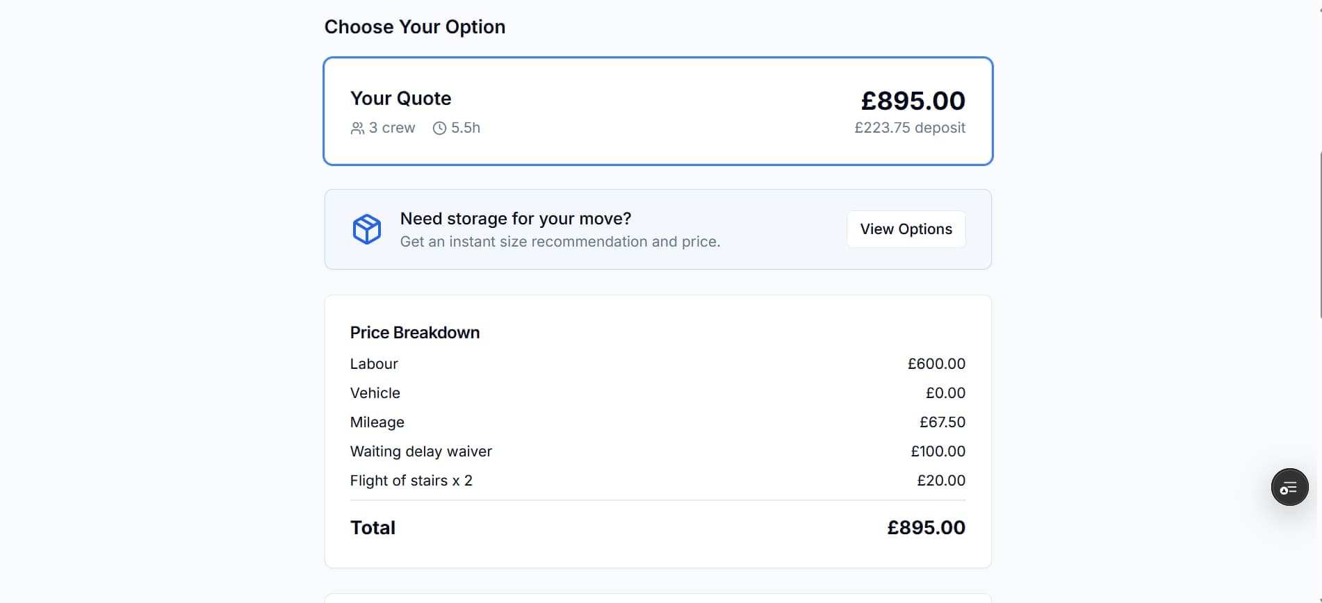 Branded removals quote with optional extras and a clear deposit path.